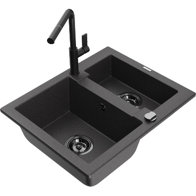 Mexen Carlos гранитна мивка 1, 5-камерна с кухненски смесител Flora, черен накъсан - 6518-76-670401-70-B (6518-76-670401-70-B)