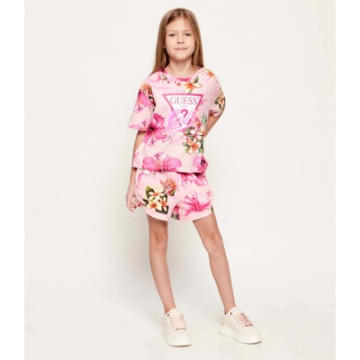 GUESS Къса тениска за момиче в розово с цветя и лого Guess Love