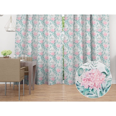 Biante Dekoračný záves PML-080 Ružové kvety hortenzie s mintovými listami 145x140 cm