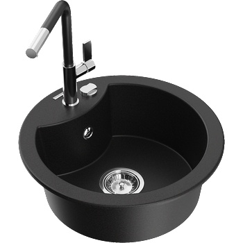 Mexen Diego гранитна мивка 1-коморна с кухненски смесител Flora, черен - 6512-77-670401-07 (6512-77-670401-07)