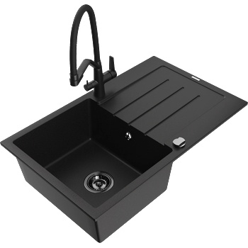 Mexen Bruno гранитна мивка с 1 отделение с капков почивка и кухненски смесител Duo, черен - 6513-77-671701-70-B (6513-77-671701-70-B)