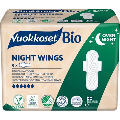 Vuokkoset, 100% BIO, hygienické vložky s křídly na noc 9 ks