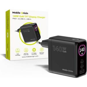 Mobile Origin Захранване за ел. мрежа за лаптопи, смартфони и таблети с 2xUSB-C и USB-A изходи с технология за бързо зареждане и преходници за цял свят - Mobile Origin PW21 Display GaN Charger 140W (MO-140WDCH-PW21