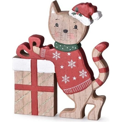 Z - TRADE Dřevěná dekorace kočka s dárkem na postavení, 15 × 18 cm, přírodní