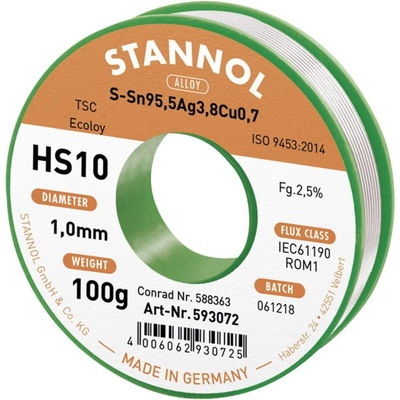 Stannol HS10 2510 bezolovnatý pájecí cín cívka Sn95,5Ag3,8Cu0,7 ROM1 100 g 1 mm