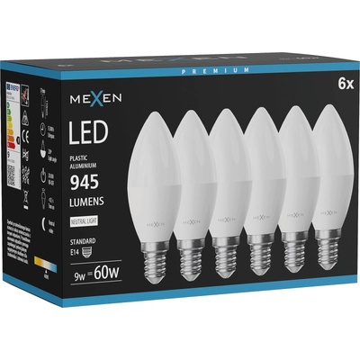 Mexen Nova 6x LED крушка E14, C37, 9W, Неутрална - 4000K, 945 lm - L102-E14-0940-01x06 (L102-E14-0940-01x06)