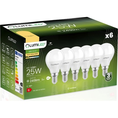Lumiled 6x LED žiarovka E14 P40 2,5W = 25W 249lm 3000K Teplá biela 180°
