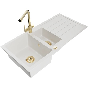 Mexen Andres гранитна мивка с 1, 5 камери със сушилник и кухненски смесител Duero, бял - 6515-20-671600-50 (6515-20-671600-50)