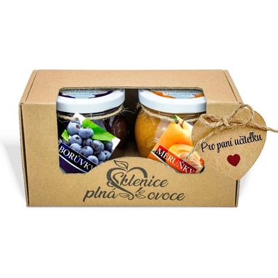 Sklenice plná ovoce Dárek s visačkou pro paní učitelku - 2 džemy slazené cukrem 420g borůvka jahoda