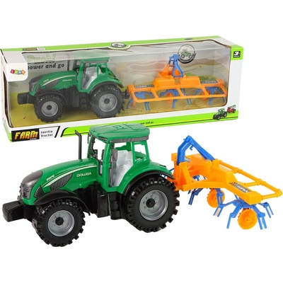 Lean Toys Zelený traktor s hrabľami na seno trecí pohon