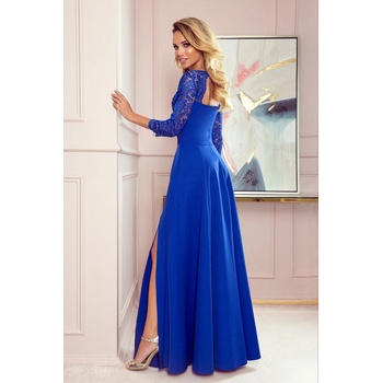Numoco elegantné krajkové dlhé šaty s výstrihom 309-2 modré