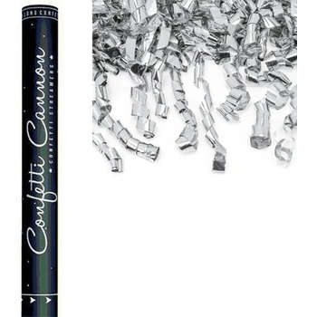 PartyDeco Vystreľovacie konfety strieborné stužky 60 cm