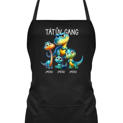 Tátův Gang dinosauři tři děti zástěra s potiskem Černá