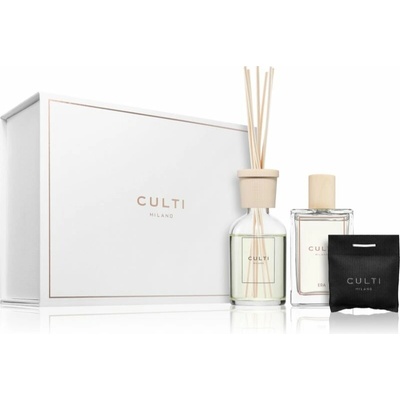 Culti Milano Era Spray Era bytový sprej 100 ml + Culti Milano Home Era vôňa do prádla 1 ks + Culti Milano Era aróma difuzér 100 ml + Culti Milano Sticks Stile tyčinky do aróma difuzérov