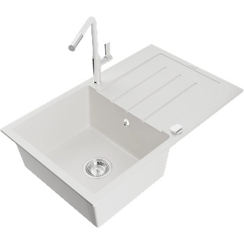 Mexen Bruno мивка от гранит с 1 отделение и отцеждаща повърхност с кухненски смесител Flora, бял - 6513-20-670401-02 (6513-20-670401-02)