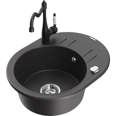 Mexen Kevin гранитна мивка с една камера и отцедник и кухненски смесител Carla, черен на пръски - 6517-76-670700-70 (6517-76-670700-70)