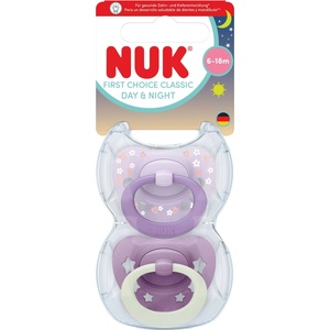 Nuk Силиконови залъгалки NUK First Choice - Day & Night, 6-18 м, за момиче, лилави, 2 броя (10176384) - baby