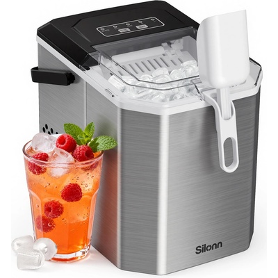 Silonn Ice Cube Machine with Handle Ice Cube Basket - Portable & Self-Cleaning, Mini Ice Maker 9 Ice Cubes/6 Min. 12 KG/Day, Simply Remove Ice Cubes and Use Anywhere - SLIM21T-E