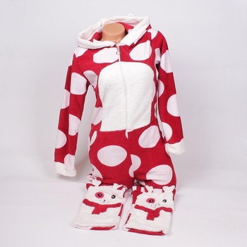 Дамска пижама-гащеризон в тъмночервено с точкии и мече