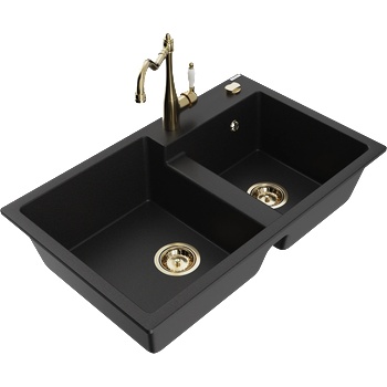 Mexen Tomas гранитна мивка с две отделения с кухненски смесител Carla, черен - 6516-77-670700-50 (6516-77-670700-50)