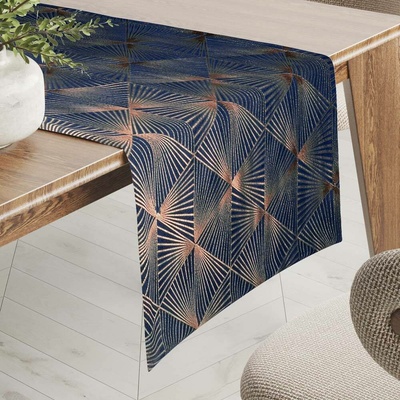 Biante Sametový běhoun Isabela IBL-011 Rose Gold trojúhelníky na královsky modrém 45x180 cm