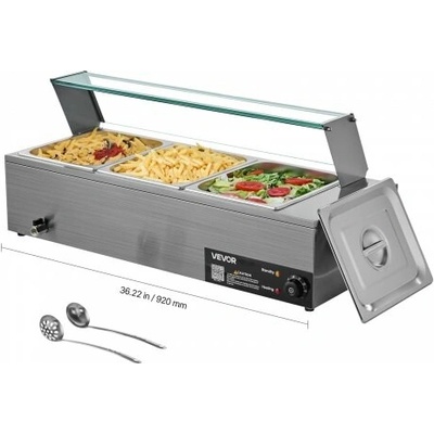 Komerční ohřívač jídla VEVOR, elektrický parní ohřívač jídla z nerezové oceli s výkonem 1500 W a skleněným krytem, 3pánvový stojanový vodní lázeň s polévkou a perforovanými naběračkami, pro catering – Zboží Dáma