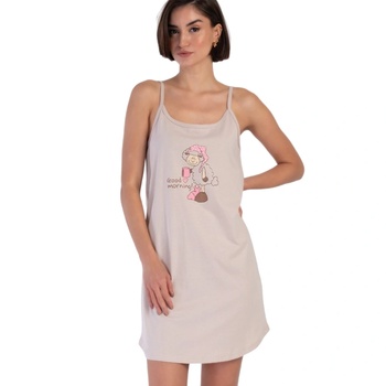 Нощница с тънка презрамка в бежово с апликация овца