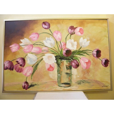OBRAZ KVĚTINY OLEJ 124 X 84 CM ZLATOSTŘÍBRNÝ RÁM