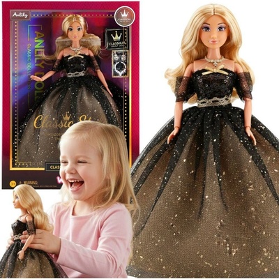 Woopie bábika Lily 30 cm s dlhými blond vlasmi v čiernych večerných šatách