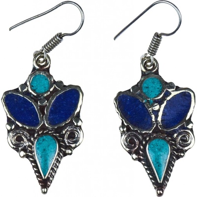 Sanu Babu Nepálské visací naušnice vykládané tyrkenitem a lapisem, délka 45 mm, kov (5M)