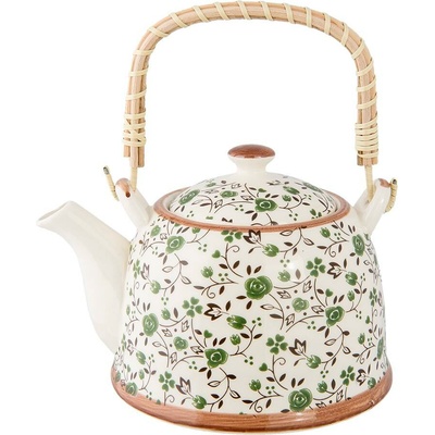 Clayre & Eef Porcelánová konvička se sítkem a zelenými květy 18x14x12 cm 700 ml