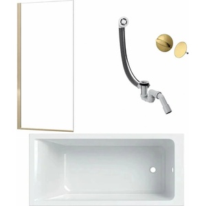 Geberit Комплект за правоъгълна вана Geberit Selnova бял 70x140 см, параван за вана Rea Elegant 70x140 см златен, сифон за вана и капак за сифон (554.384.01.1+5902557355860+58140180+58185990)