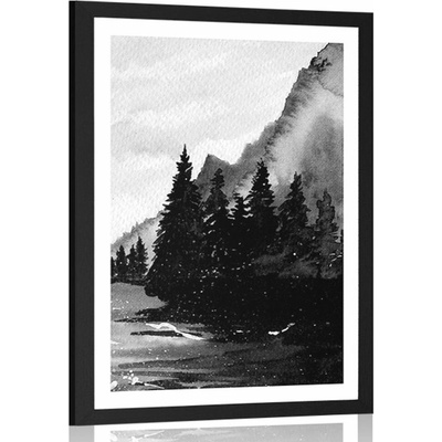 Plakát s paspartou zimní kreslená krajina v černobílém provedení - 20x30 black