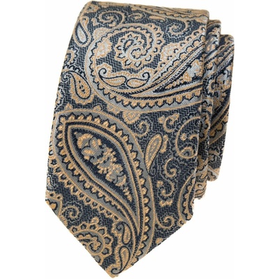 Slim kravata s béžovým paisley motívom modrá