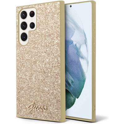 GUESS Glitter Flakes Metal Logo Case - хибриден удароустойчив кейс за Samsung Galaxy S24 Ultra (златист)