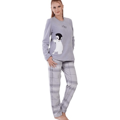 Дамска поларена пижама в сиво с пингвинче