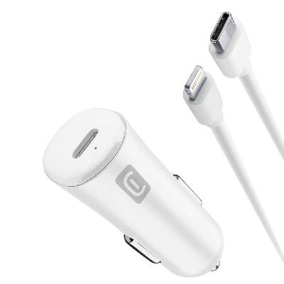 Зарядно за кола Cellularline, от автомобилна запалка към USB C(ж), с USB C(м) към Lightning(м) кабел, бяло (IT8259)