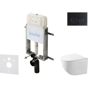 kielle Genesis New - Комплект структура за вграждане, компактна тоалетна чиния Gaia, Rimless, SoftClose седалка и бутон Gemini New II, черен мат 30528SZ87 (30528SZ87)