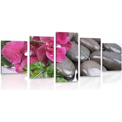 5-dielny obraz kvitnúca orchidea a wellness kamene