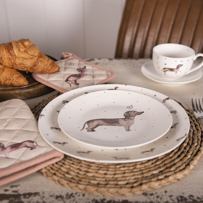 Clayre & Eef Porcelánový dezertní talíř s jezevčíkem Dachshund Love 20cm