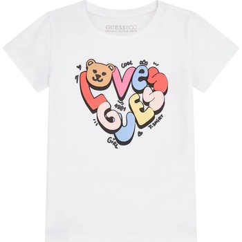 GUESS Блуза с къс ръкав в бяло за мини момиче с цветен надпис Love Guess и мече