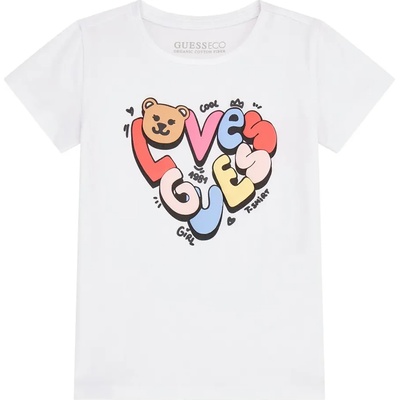 GUESS Блуза с къс ръкав в бяло за мини момиче с цветен надпис Love Guess и мече