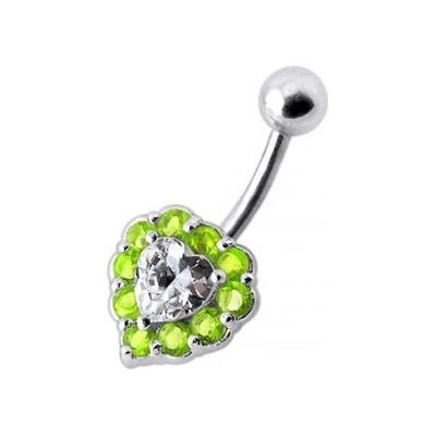 Šperky4U stříbrný piercing do pupíku srdce světle zelené zirkony BP01033-G
