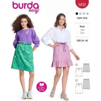 Střih Burda červený 5832 - sukně se stahováním v pase, mini sukně, tepláková sukně