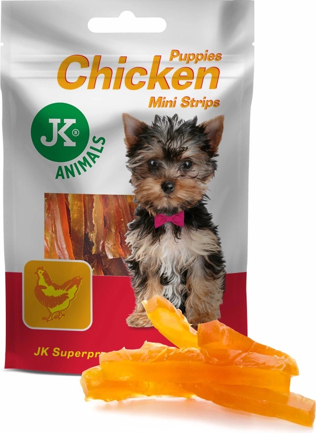 JK ANIMALS sušené kuracie mini prúžky pre šteňatá mini mäsová steniaca maškrta 50 g JK ANIMALS sušené kuracie mini prúžky pre šteňatá mini mäsová steniaca maškrta 50 g