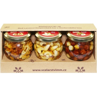 Včelařství M+M balíček ořechů v medu vlašské, kešu, lískové 3 x 250 g