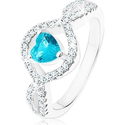 Šperky eshop Stříbrný prsten 925 světle modré zirkonové srdce vlnitá čirá ramena HH6.19