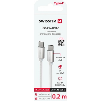 Swissten 71527209 Textile USB-C / USB-C 0,2m stříbrný