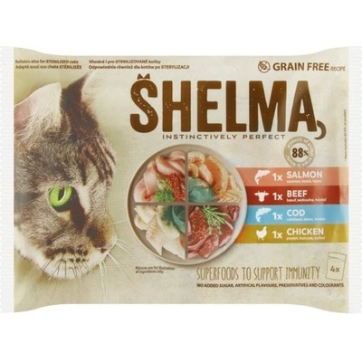 Shelma kočka kuřecí hovädzie, losos a treska 4 x 85 g