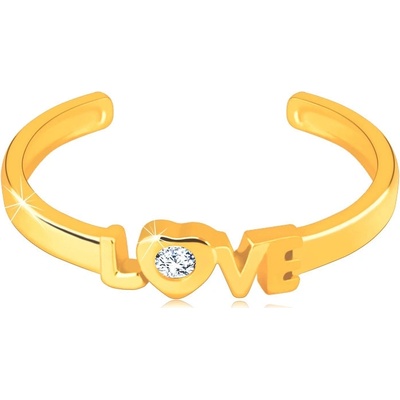 Šperky Eshop prsten ze žlutého zlata 585 s otevřenými rameny nápis Love kulatý čirý zirkon v srdíčku S1GG238.07